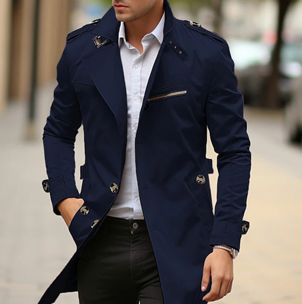 Collar Mens Navy Blue Trench Coat London Fog Double Breasted