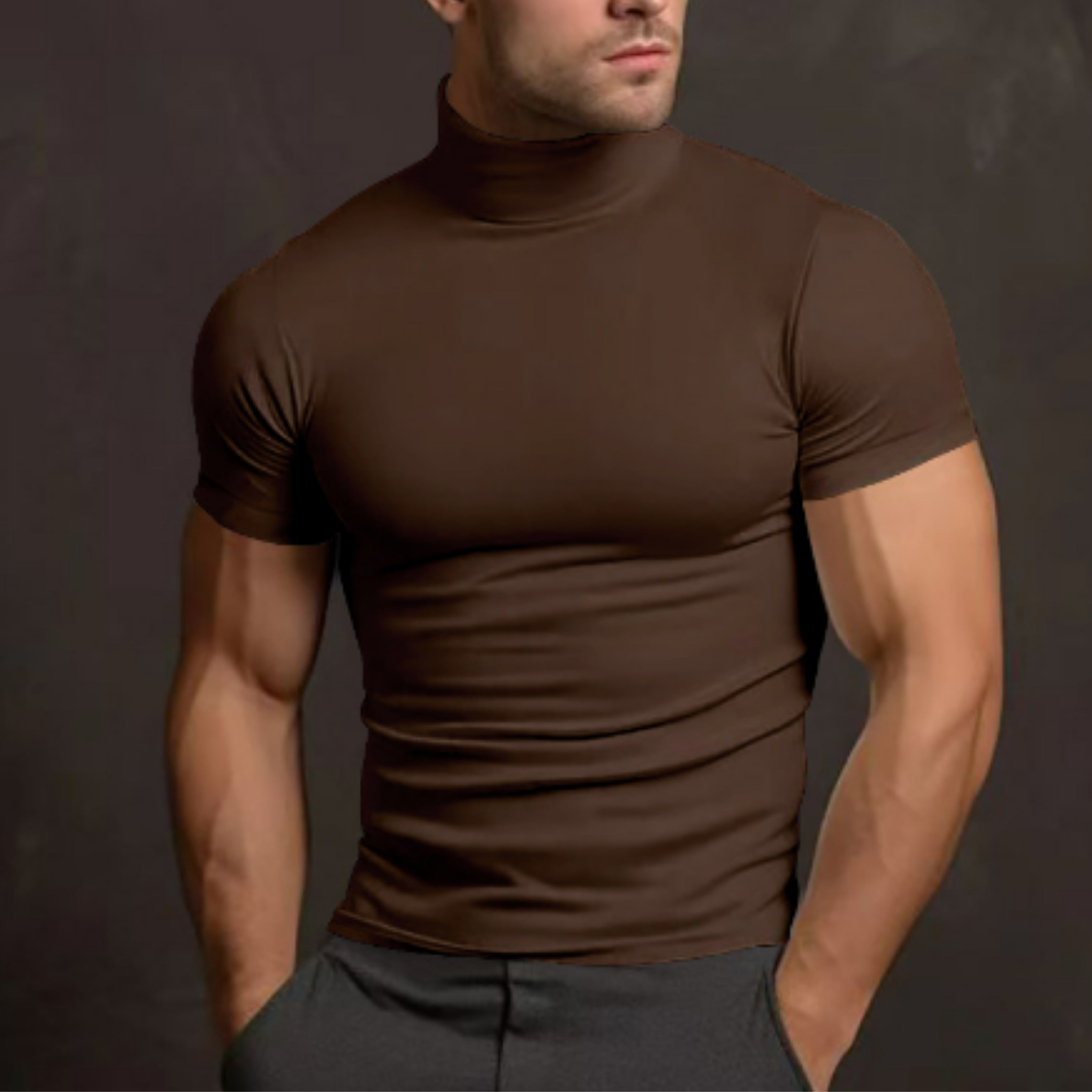Turtleneck T-Shirt - Men's High Neck Slim Fit Short Sleeve Sweater-Turtleneck T-shirt-Chaps of London-Brown-S-Chaps of London