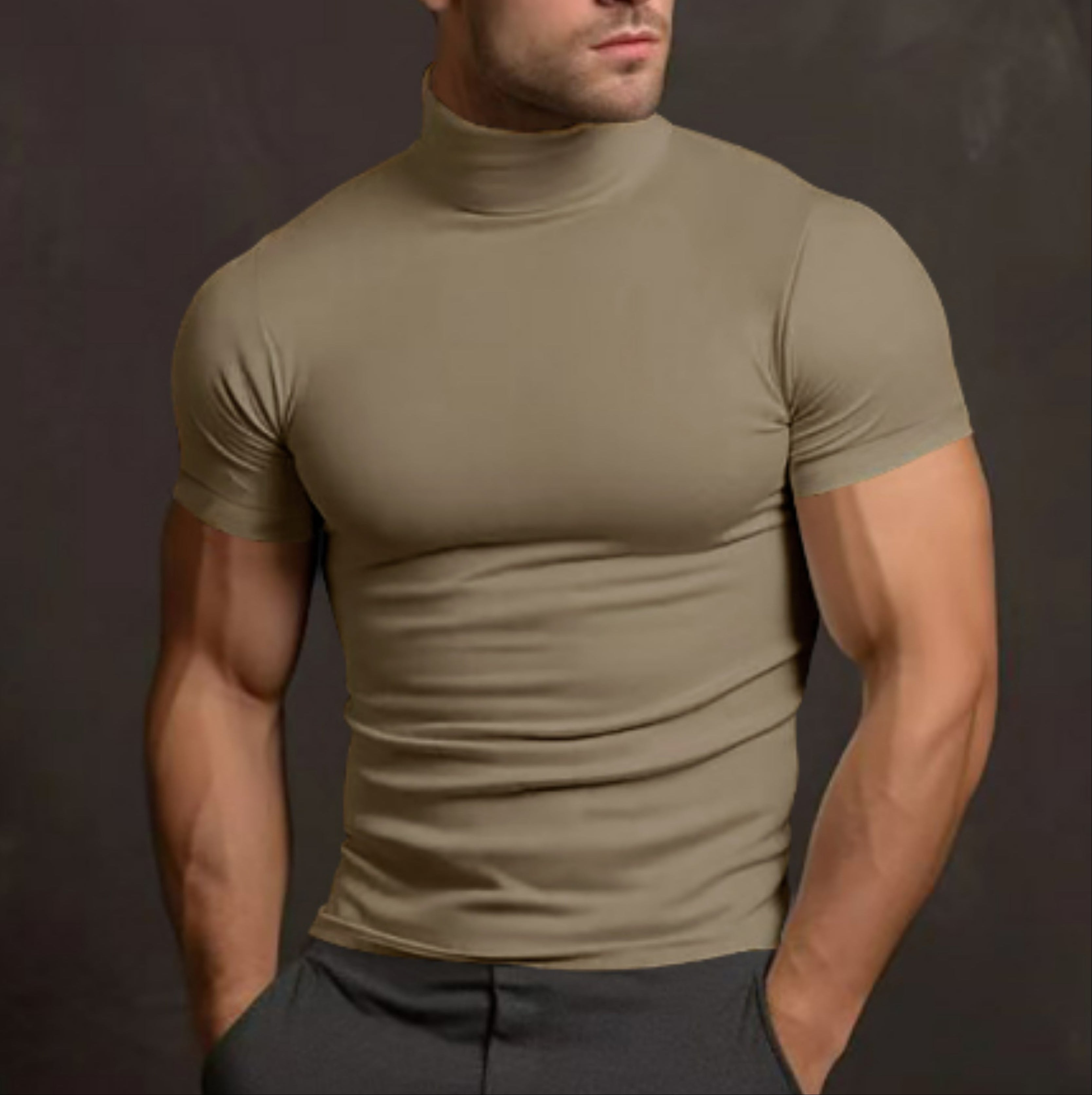 Turtleneck T-Shirt - Men's High Neck Slim Fit Short Sleeve Sweater-Turtleneck T-shirt-Chaps of London-Coffee-S-Chaps of London