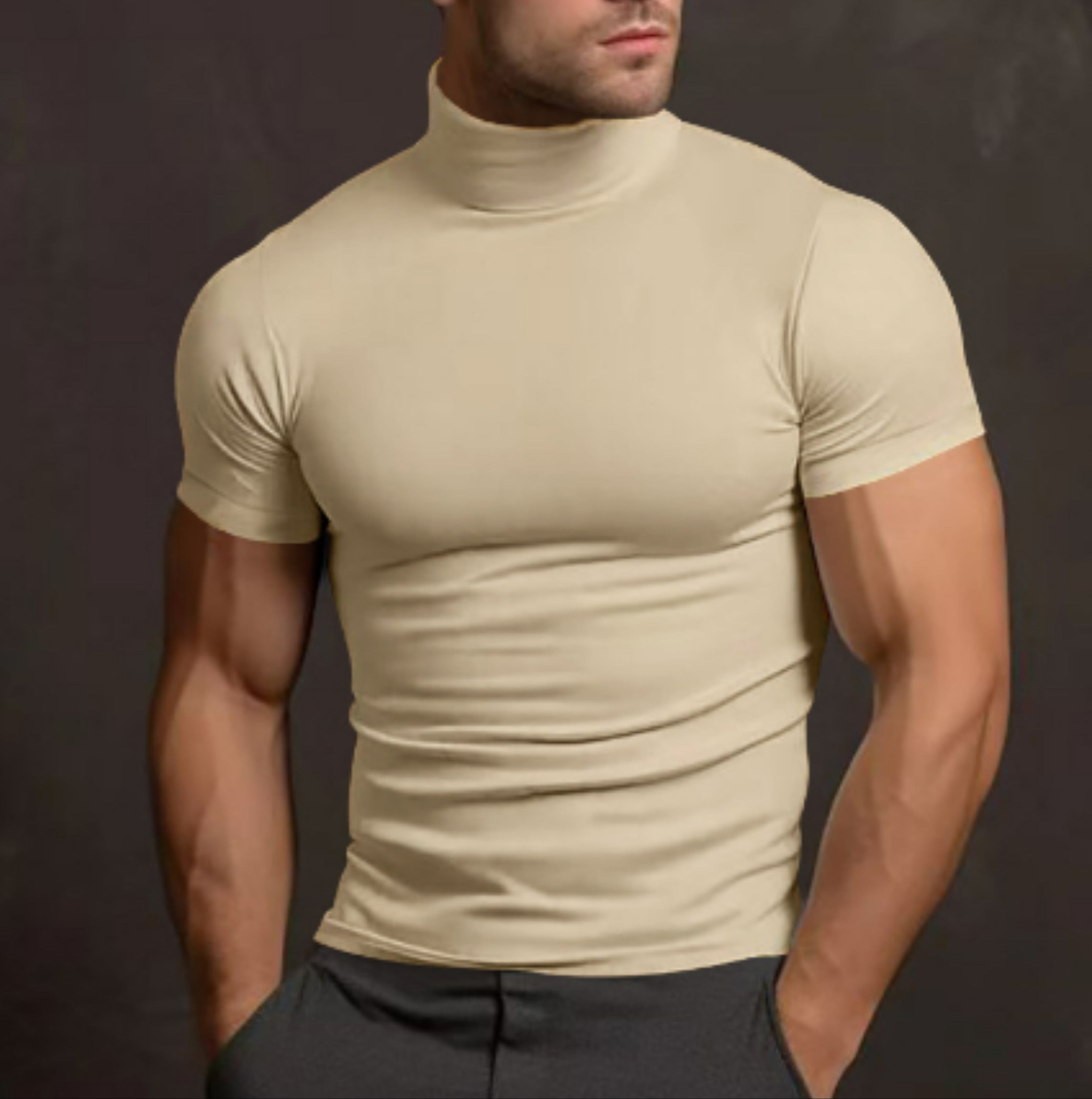 Turtleneck T-Shirt - Men's High Neck Slim Fit Short Sleeve Sweater-Turtleneck T-shirt-Chaps of London-Cream-S-Chaps of London