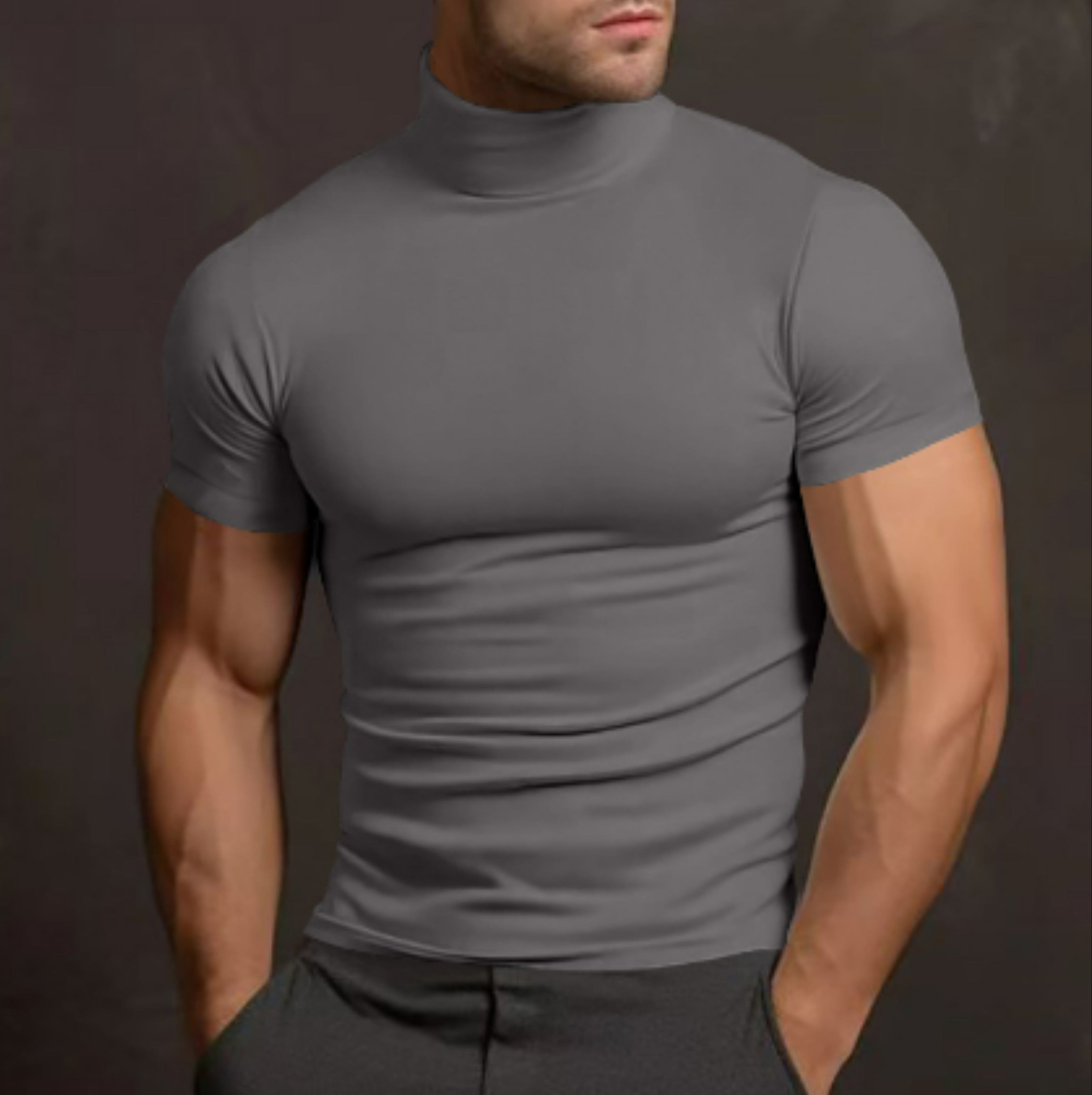 Turtleneck T-Shirt - Men's High Neck Slim Fit Short Sleeve Sweater-Turtleneck T-shirt-Chaps of London-Gray-S-Chaps of London