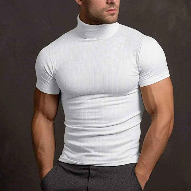 Turtleneck T-Shirt - Men's Slim Fit High Neck Short Sleeve Sweater-Chaps of London-White-S-Chaps of London