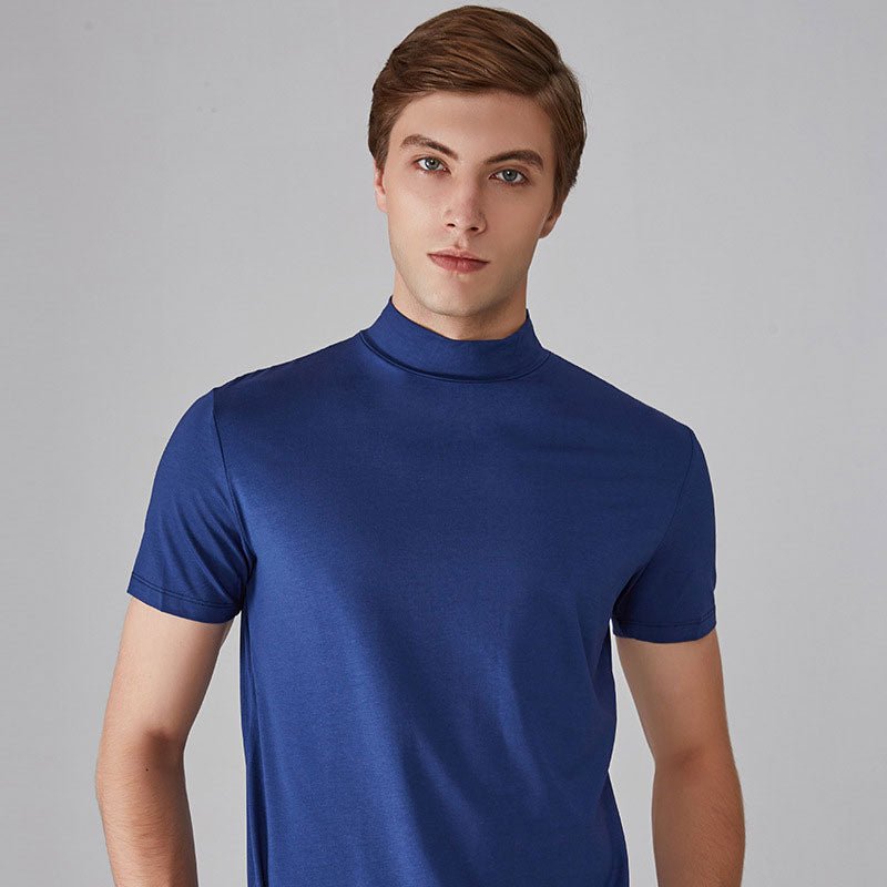 Turtleneck T-Shirt - Short Sleeve - Plain - High Neck Tee Shirts - Men's Clothing-T-shirts-Chaps of London-Blue-S-Chaps of London