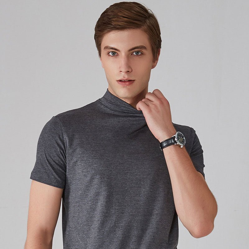 Turtleneck T-Shirt - Short Sleeve - Plain - High Neck Tee Shirts - Men's Clothing-T-shirts-Chaps of London-Gray-S-Chaps of London