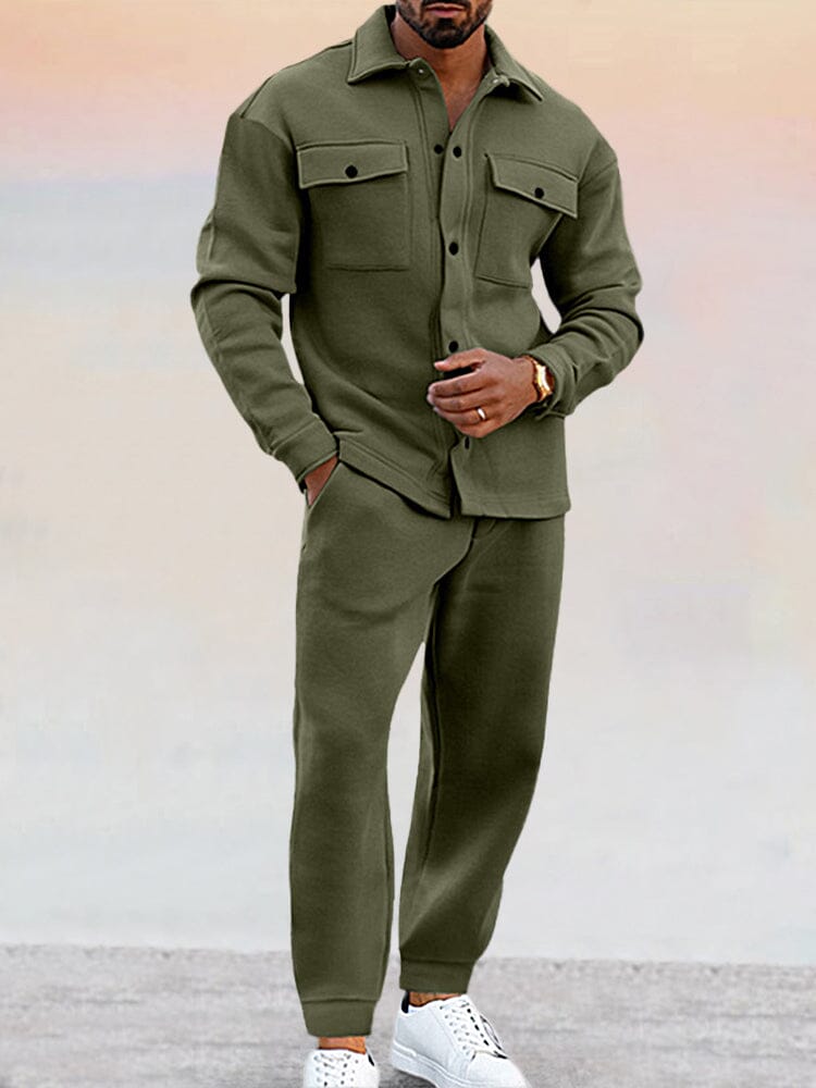 Two-Piece Set | Button-Up | Joggers | Co-Ord Set | Men's Clothing-Sets-Chaps of London-Army Green-S-Chaps of London