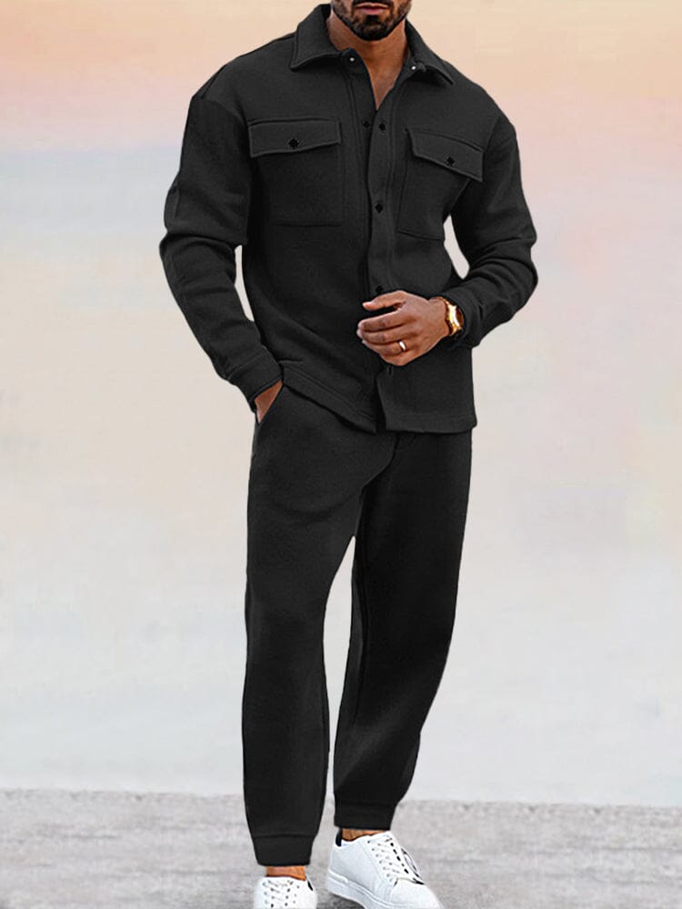 Two-Piece Set | Button-Up | Joggers | Co-Ord Set | Men's Clothing-Sets-Chaps of London-Black-S-Chaps of London