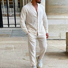 Two-Piece Set | Button-Up | Long Sleeve | Linen Co-Ord Set | Men's Clothing-Chaps of London-Beige-XS-Chaps of London