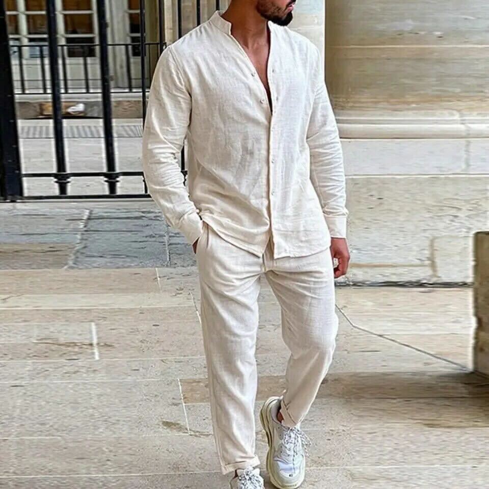 Two-Piece Set | Button-Up | Long Sleeve | Linen Co-Ord Set | Men's Clothing-Chaps of London-Beige-XS-Chaps of London