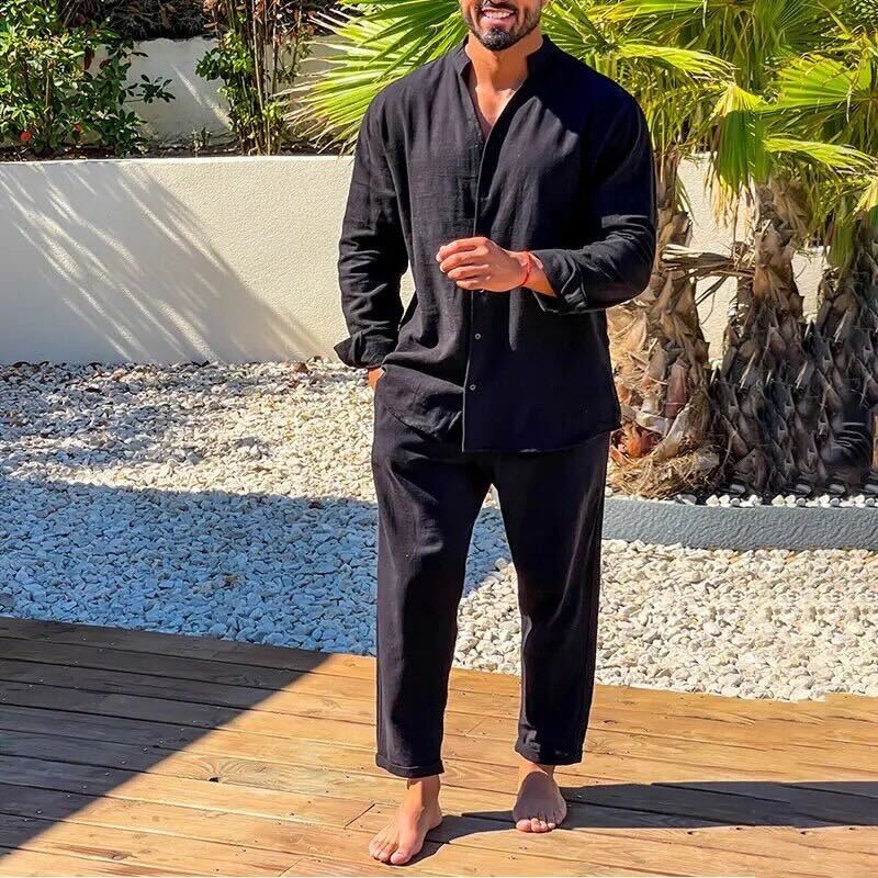 Two-Piece Set | Button-Up | Long Sleeve | Linen Co-Ord Set | Men's Clothing-Chaps of London-Black-XS-Chaps of London