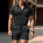Two-Piece Set | Button-Up | Short Sleeve | Shirt and Shorts Set | Men's Clothes-Outfit Set for Men-Chaps of London-Black-S-Chaps of London