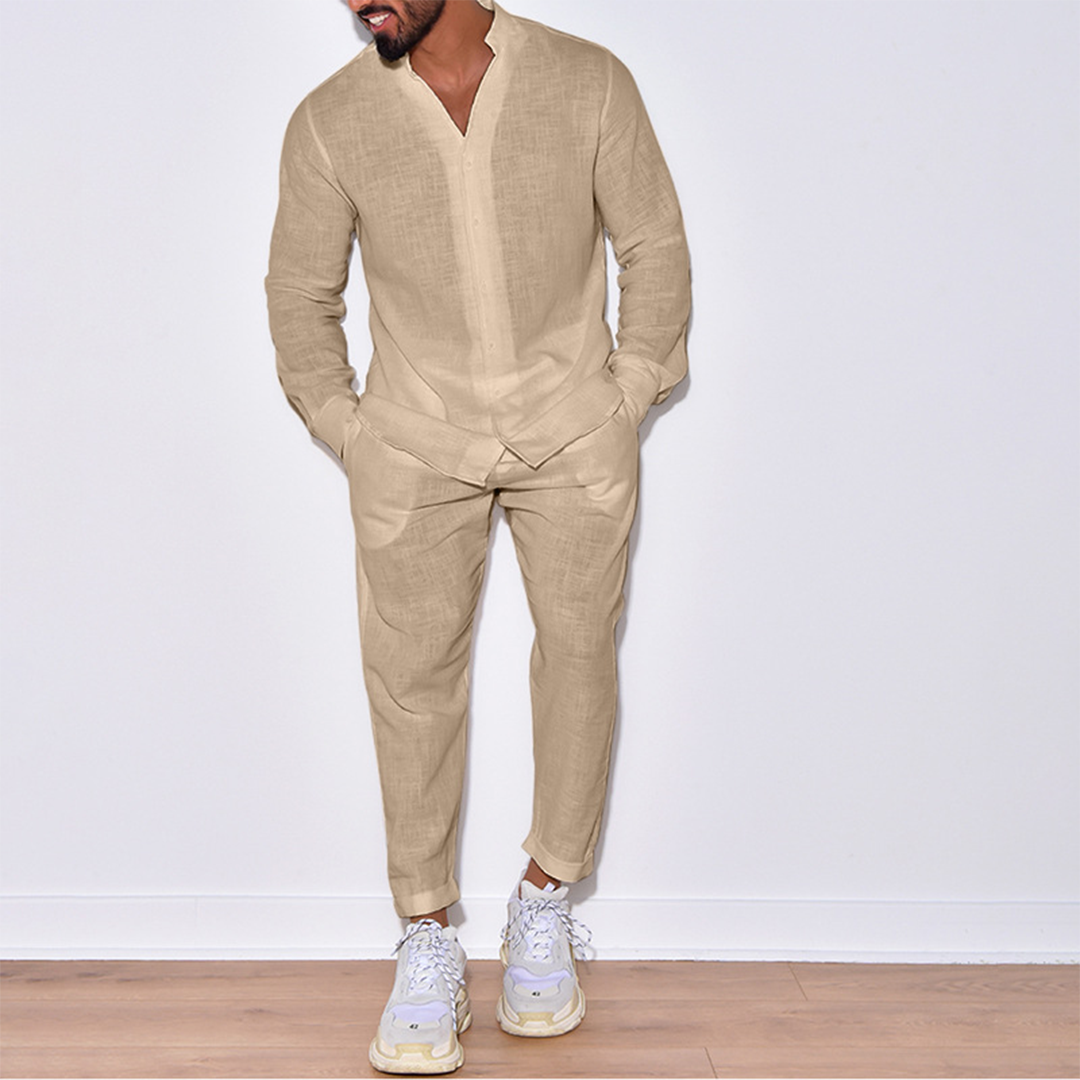Two-Piece Set | Long Sleeve | Button-Up | Linen Clothes | Men's Co-Ord Set-Casual Set-Chaps of London-Beige-S-Chaps of London