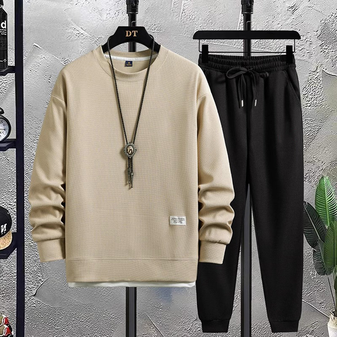 Two-Piece Set - Men's Co Ord Loose Fit Leisure Jogger Sweatshirt Set-Fashion Men Tracksuit All-year-Chaps of London-Beige-Black-M-Chaps of London