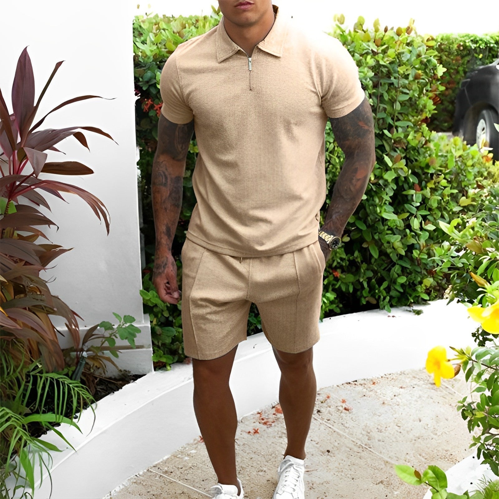 Two-Piece Set - Men's T-Shirt and Shorts Co-Ord Set for Summer-Chaps of London-Khaki-S-Chaps of London