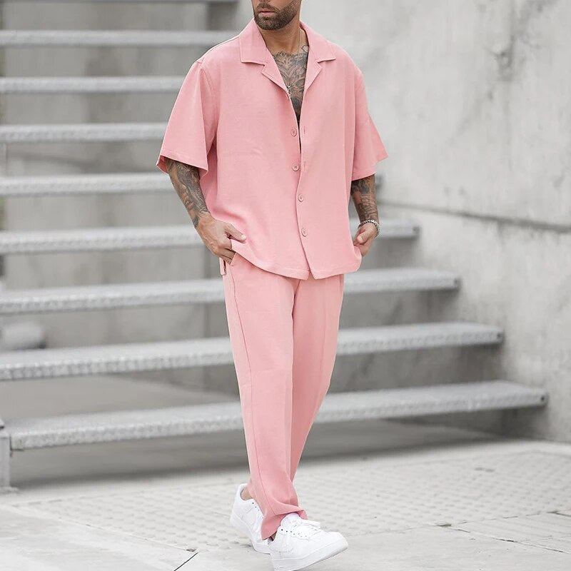 Two-Piece Set | Pink | Short Sleeve | Pants and Shirt Set | Men's Co-Ord Set-Chaps of London-Pink-S-Chaps of London