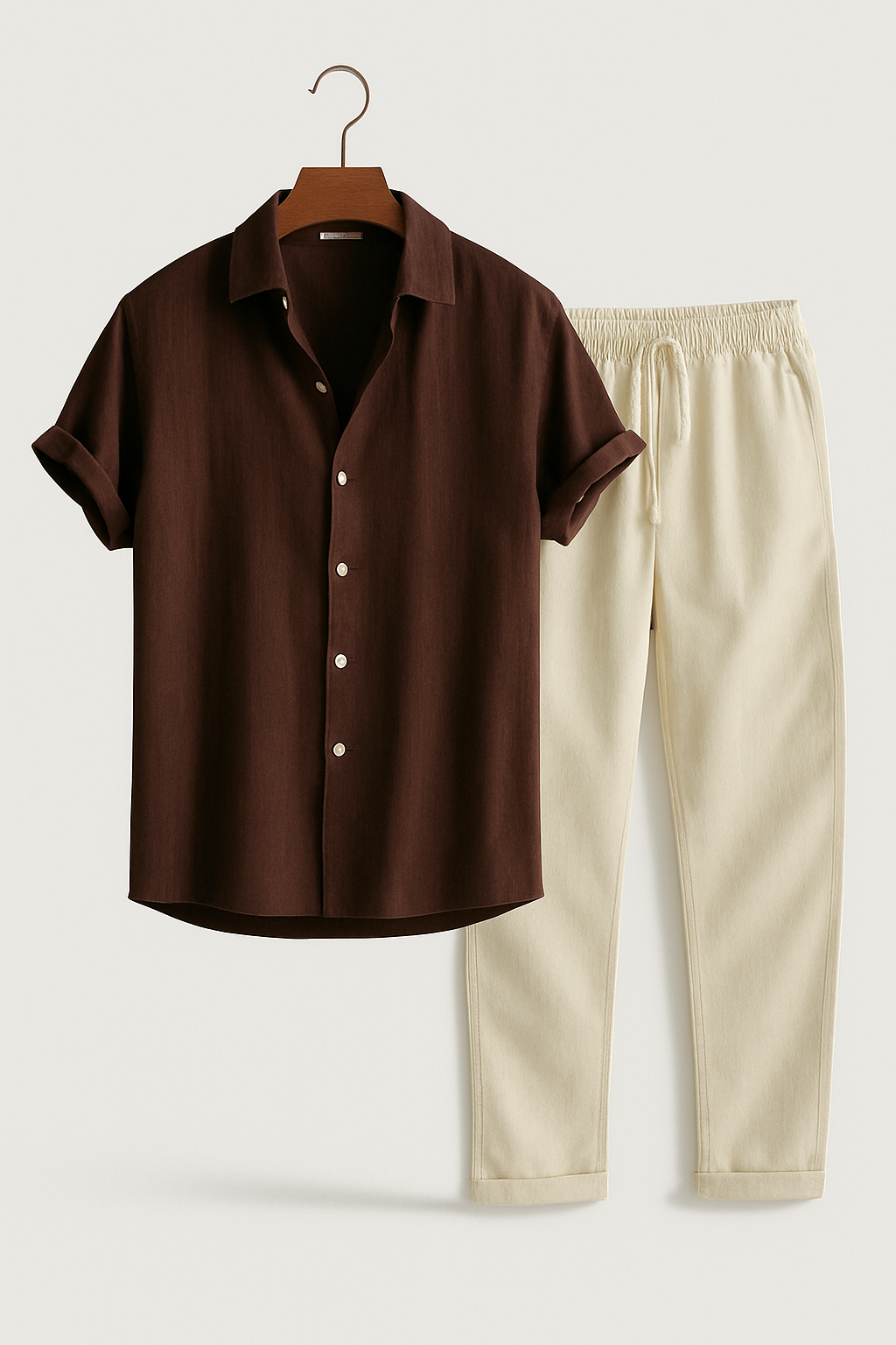 Two-Piece Set | Short Sleeve | Button-Up | Pants and Shirt Set | Men's Summer Clothes-Sets-Chaps of London-Coffee Brown-S-Chaps of London