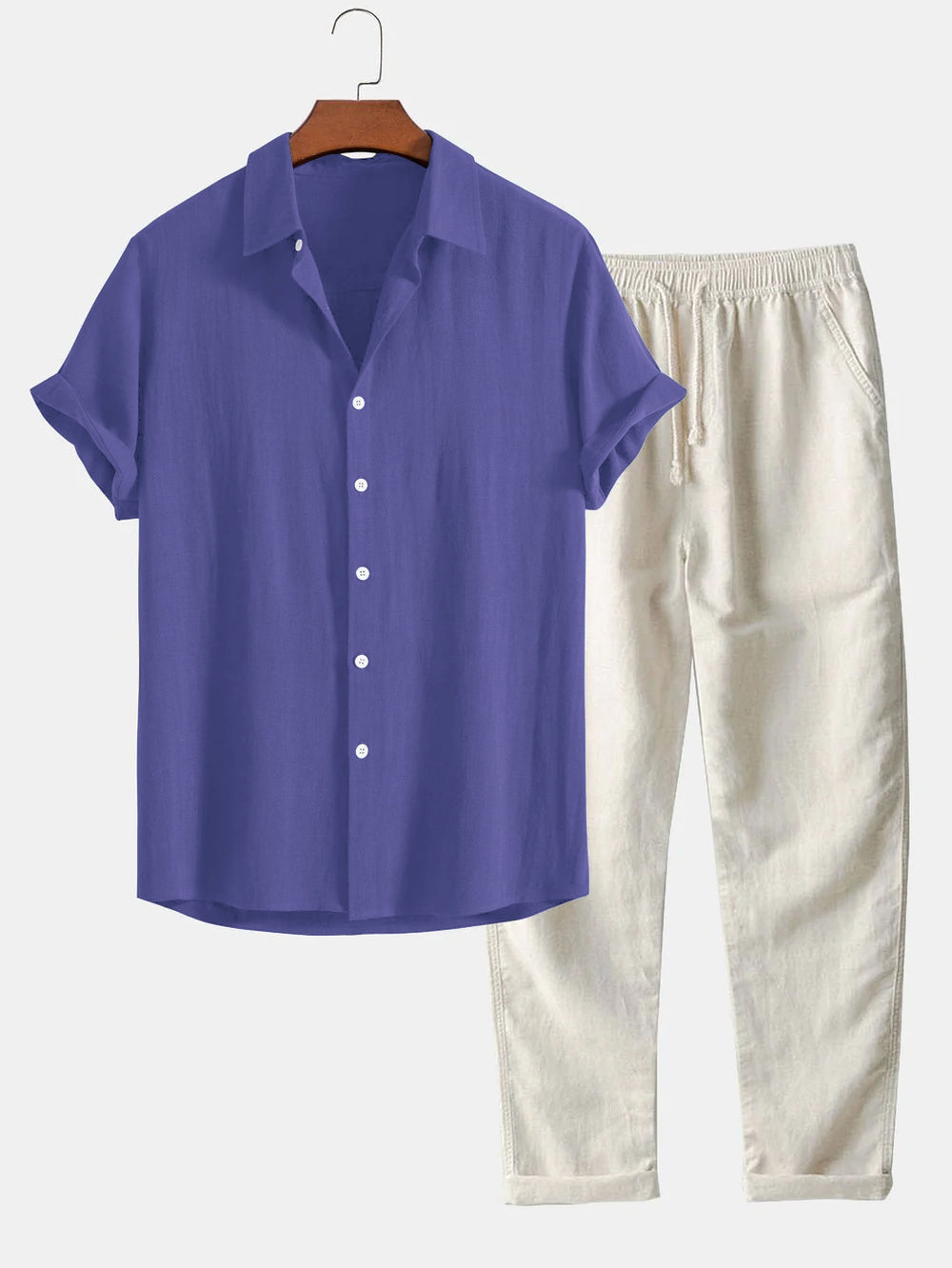Two-Piece Set | Short Sleeve | Button-Up | Pants and Shirt Set | Men's Summer Clothes-Sets-Chaps of London-Purple-S-Chaps of London