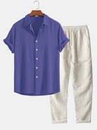 Two-Piece Set | Short Sleeve | Button-Up | Pants and Shirt Set | Men's Summer Clothes-Sets-Chaps of London-Purple-S-Chaps of London