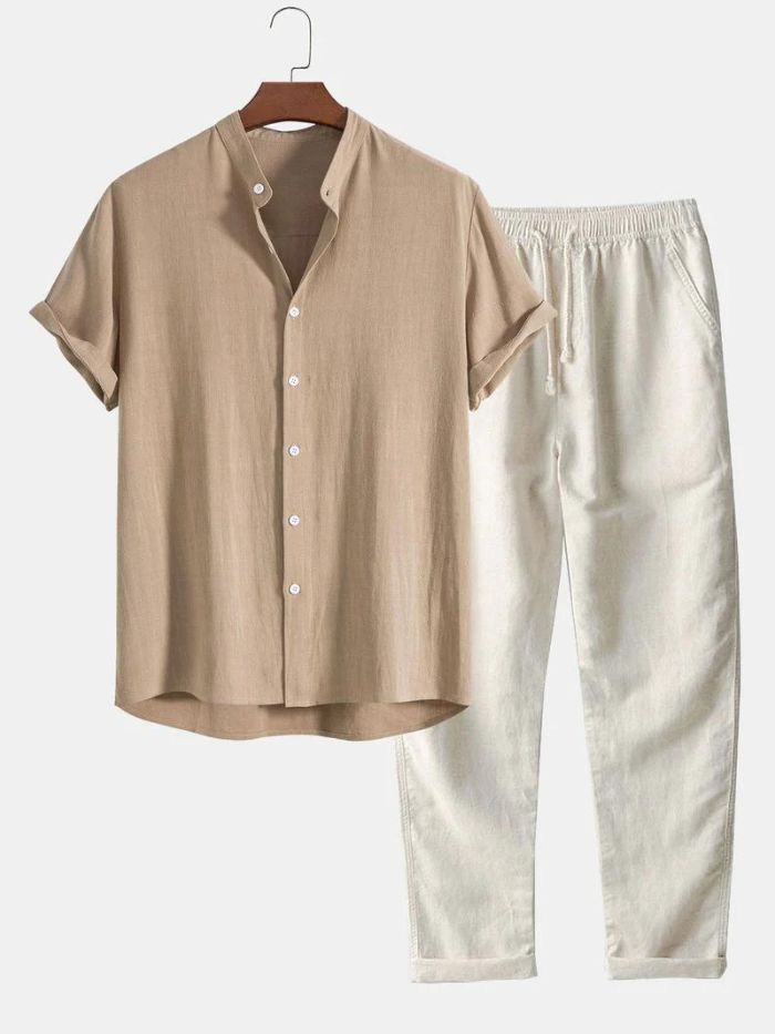 Two Piece Set | Short Sleeve | Buttoned | Linen Clothes | Men's Linen Pants-Chaps of London-Beige-S-Chaps of London