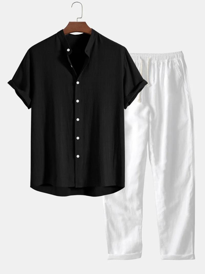 Two Piece Set | Short Sleeve | Buttoned | Linen Clothes | Men's Linen Pants-Chaps of London-Black-S-Chaps of London