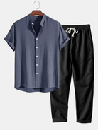 Two Piece Set | Short Sleeve | Buttoned | Linen Clothes | Men's Linen Pants-Chaps of London-Gray-S-Chaps of London