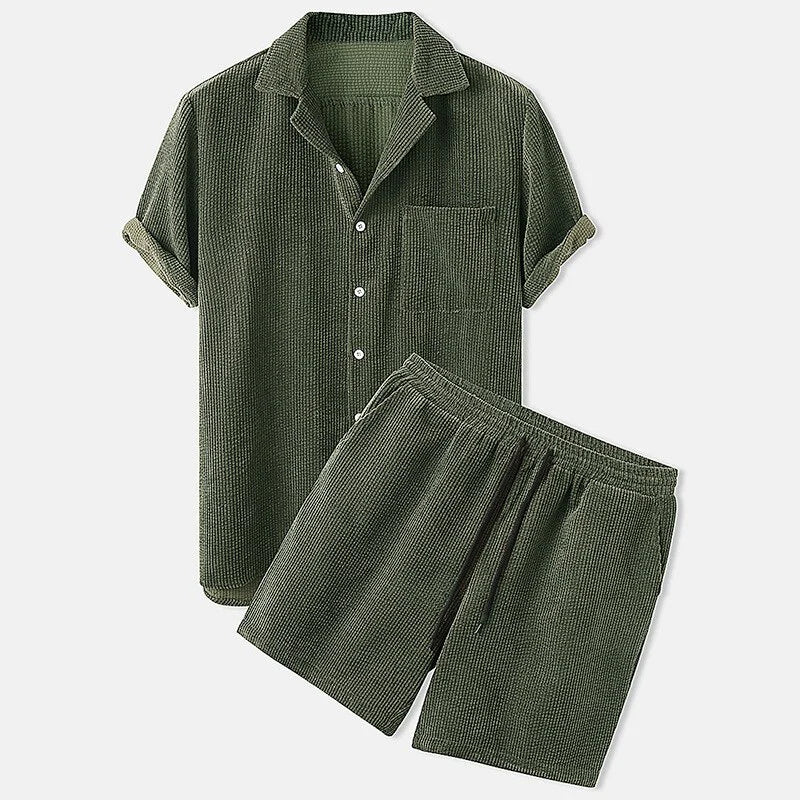 Two-Piece Set | Short Sleeve | Corduroy | Short and Shirt Set | Men's Co-Ord Set-Chaps of London-Green-S-Chaps of London
