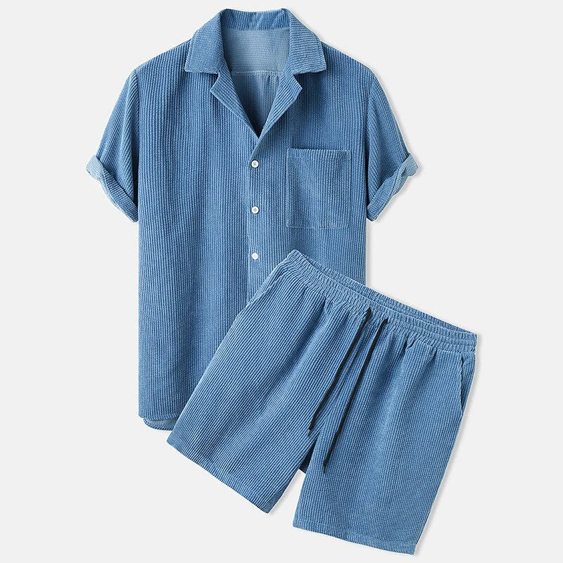 Two-Piece Set | Short Sleeve | Corduroy | Short and Shirt Set | Men's Co-Ord Set-Chaps of London-Light Blue-S-Chaps of London