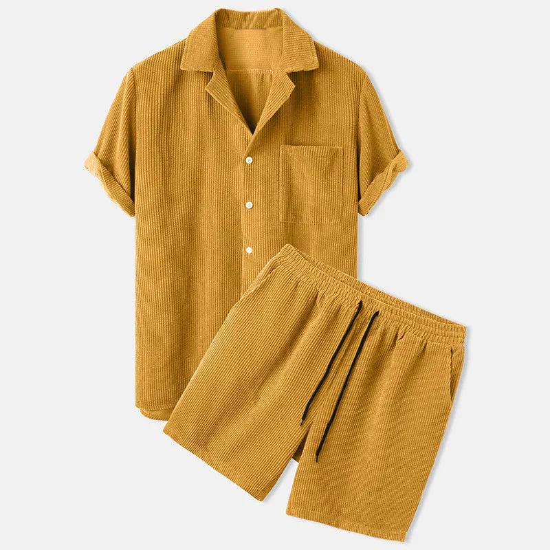 Two-Piece Set | Short Sleeve | Corduroy | Short and Shirt Set | Men's Co-Ord Set-Chaps of London-Yellow-S-Chaps of London
