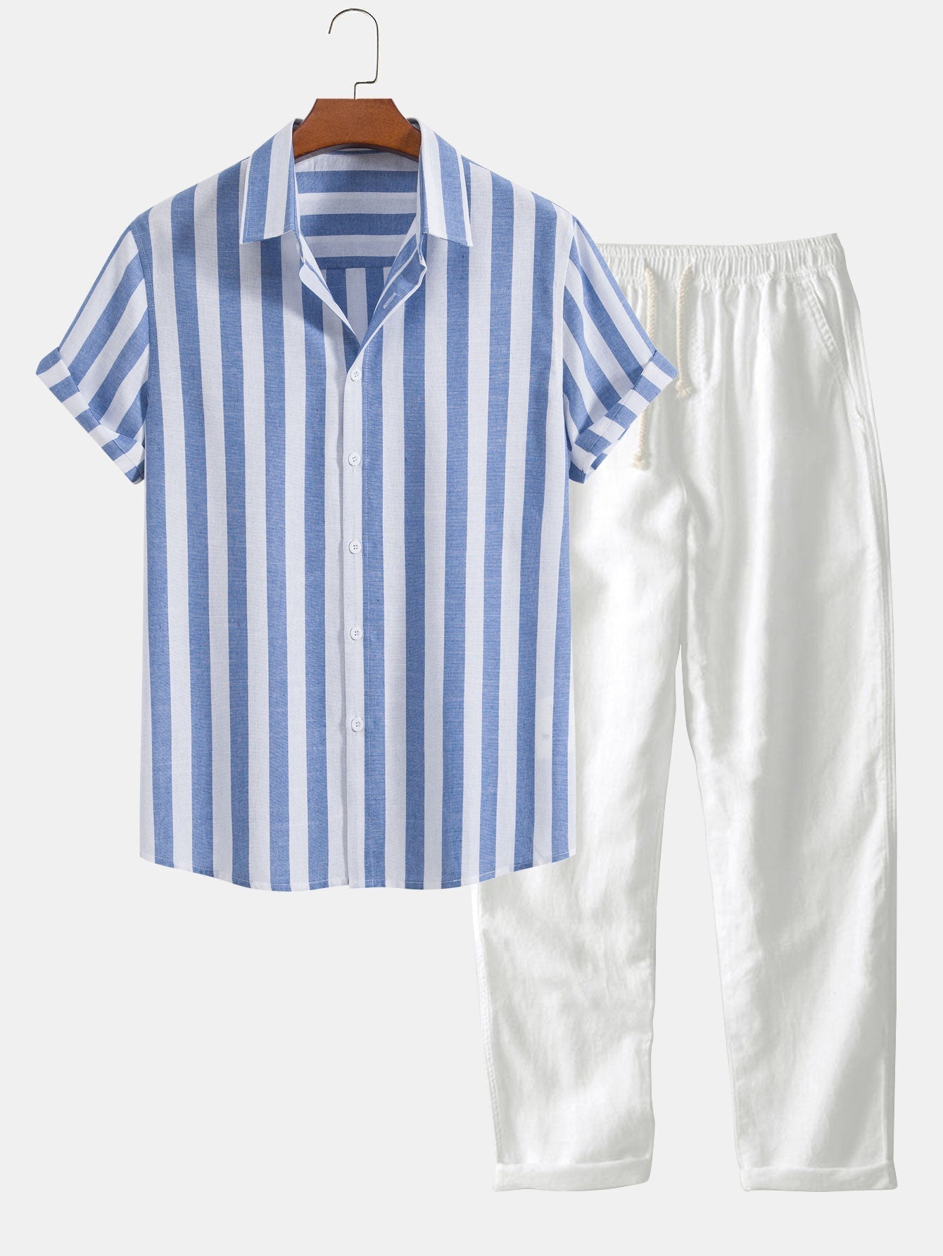 Two-Piece Set | Short Sleeve | Linen | Shirt and Pants Set | Men's Summer Clothes-Two Pieces Outfits-Chaps of London-Light Blue-S-Chaps of London