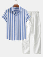 Two-Piece Set | Short Sleeve | Linen | Shirt and Pants Set | Men's Summer Clothes-Two Pieces Outfits-Chaps of London-Light Blue-S-Chaps of London