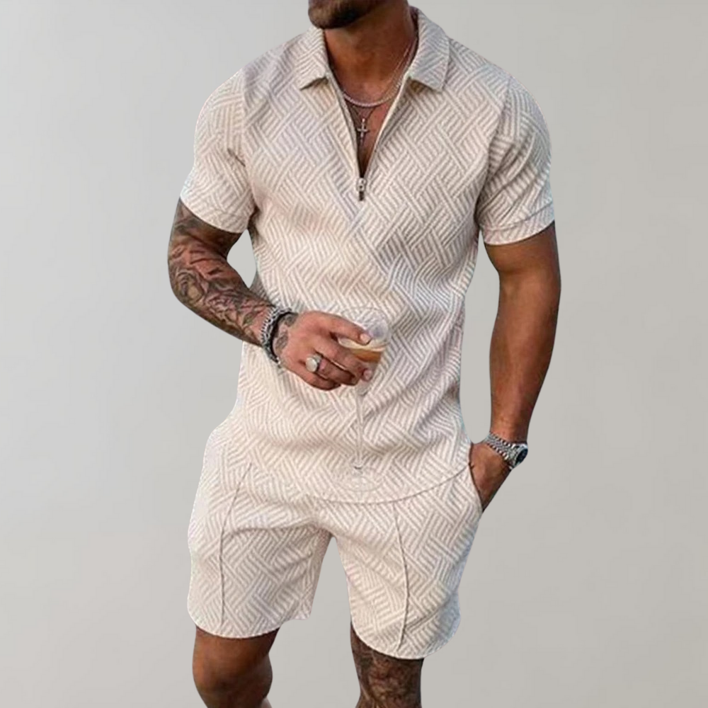 Two-Piece Set | Short Sleeve | Polo Shirt | Shirt & Shorts Set | Men's Clothing-Chaps of London-Beige-S-Chaps of London
