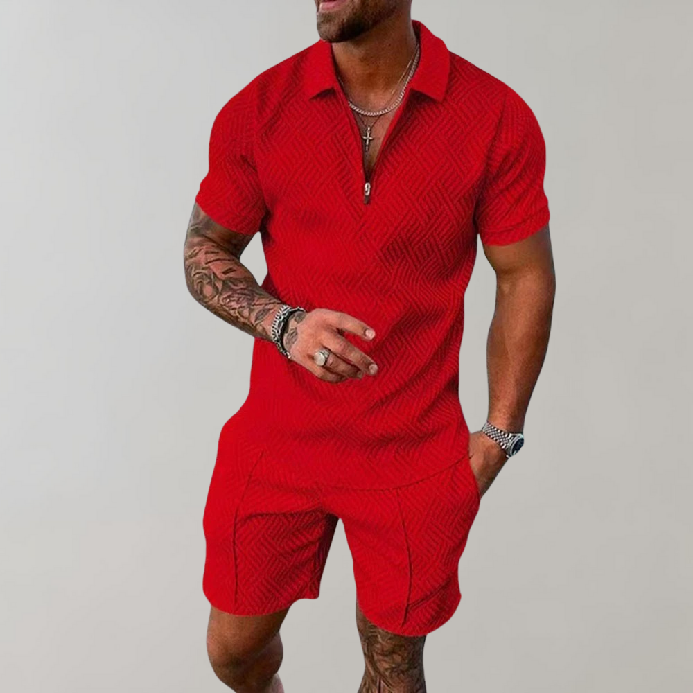 Two-Piece Set | Short Sleeve | Polo Shirt | Shirt & Shorts Set | Men's Clothing-Chaps of London-Red-S-Chaps of London