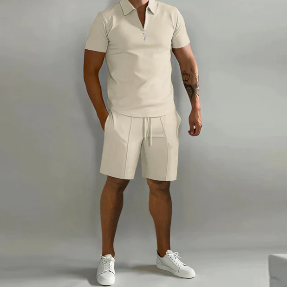 Two-Piece Set | Short Sleeve | Polo Shirt | Shorts and Shirt Set | Men's Clothing-Chaps of London-Khaki-S-Chaps of London