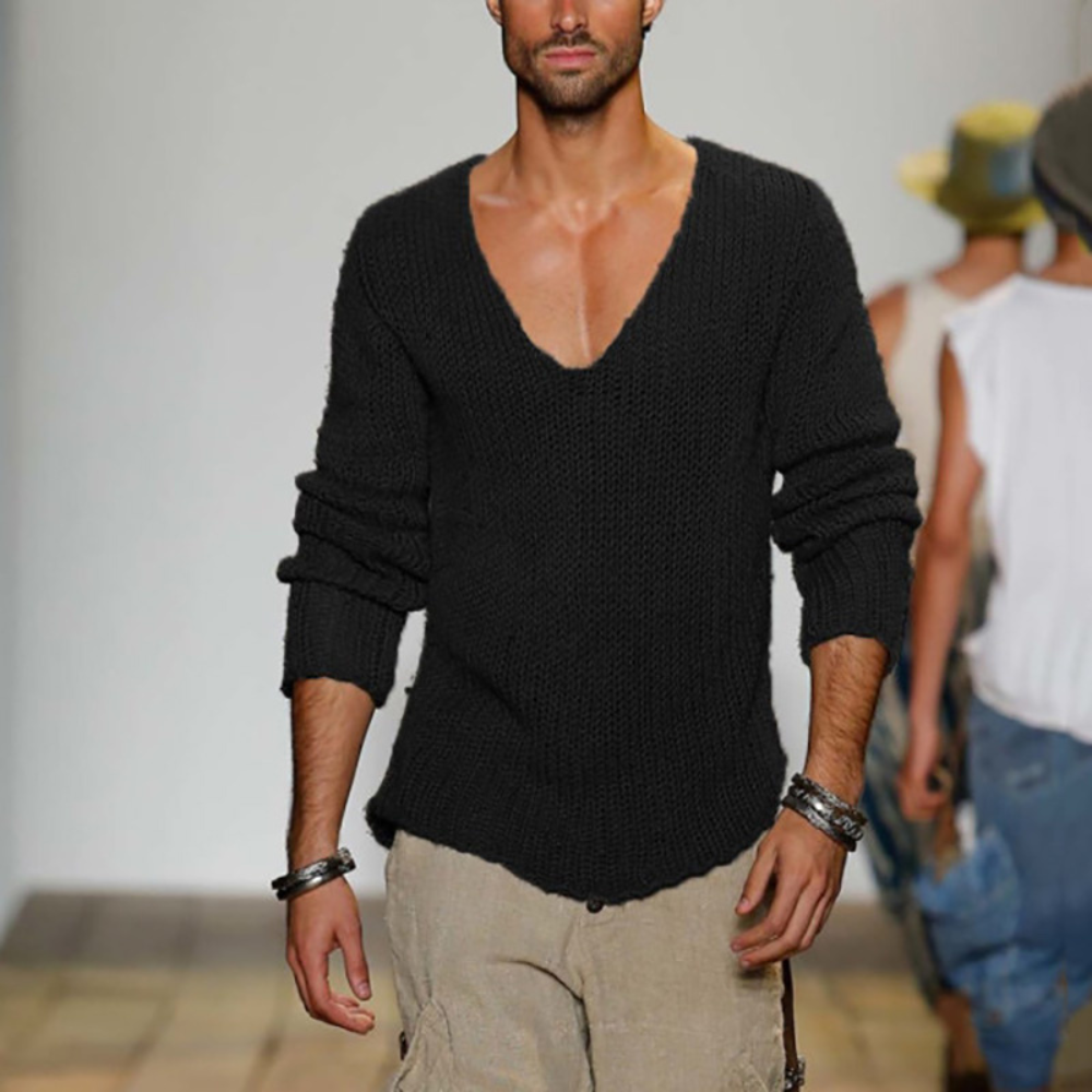 V-Neck Jumper | Long Sleeve | Summer | Knitted Sweater | Men's Clothing-Chaps of London-Black-S-Chaps of London
