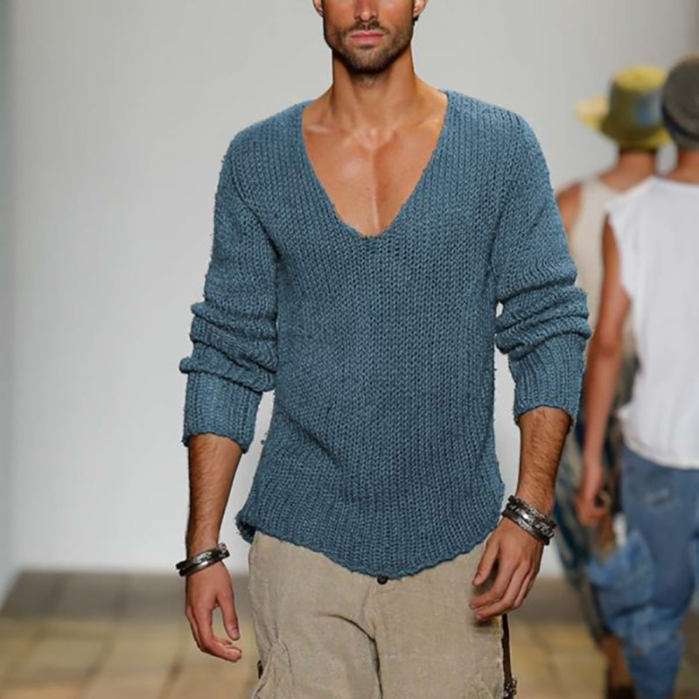 V-Neck Jumper | Long Sleeve | Summer | Knitted Sweater | Men's Clothing-Chaps of London-Blue-S-Chaps of London