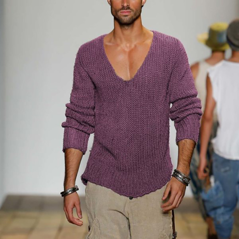 V-Neck Jumper | Long Sleeve | Summer | Knitted Sweater | Men's Clothing-Chaps of London-Purple-S-Chaps of London