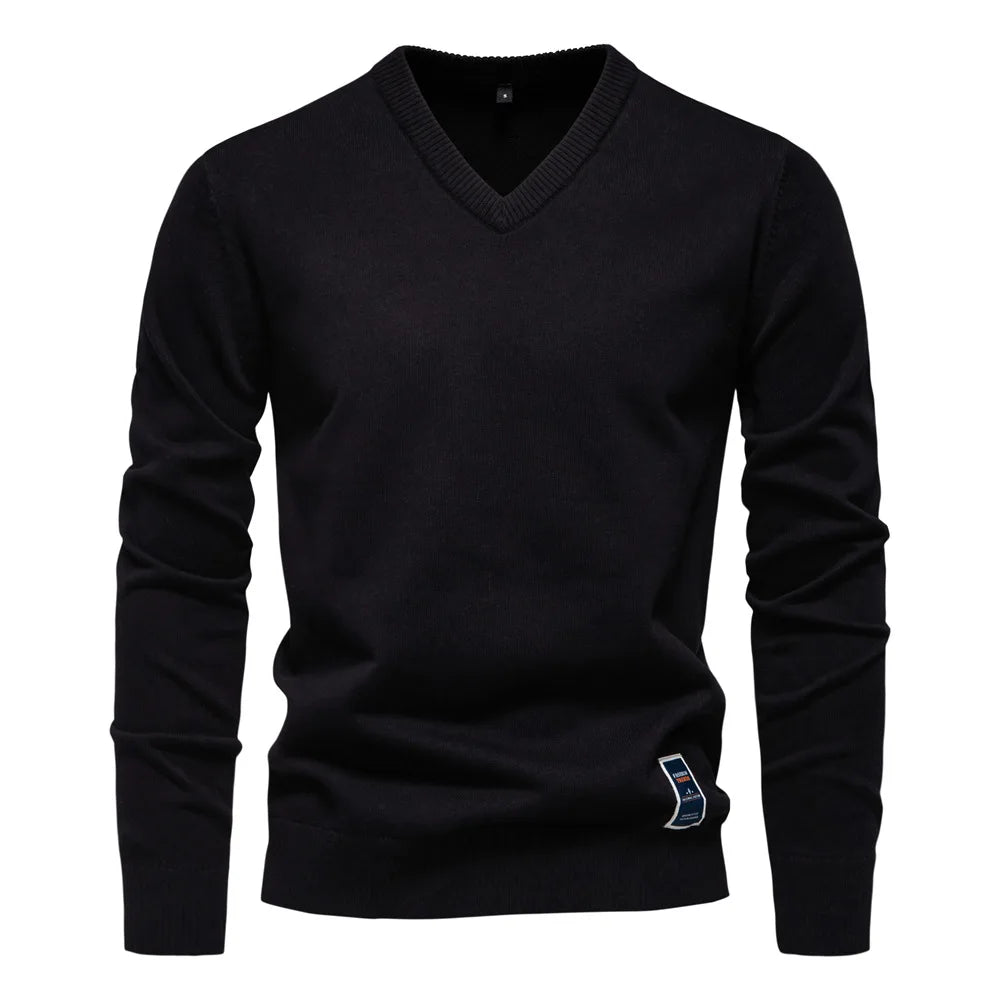 V-Neck Jumper - Men's Classic Casual Long Sleeve Knitted Sweater -Trui man-Chaps of London-Black-S-Chaps of London