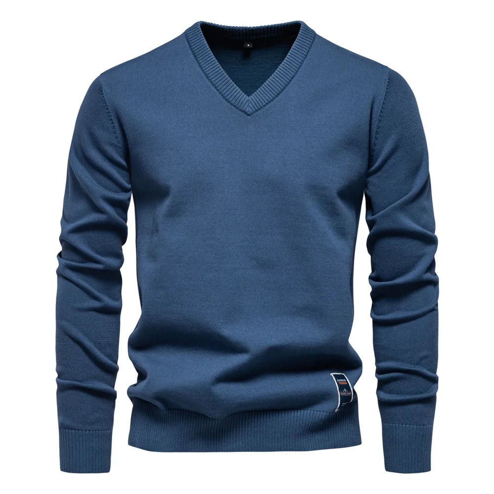 V-Neck Jumper - Men's Classic Casual Long Sleeve Knitted Sweater -Trui man-Chaps of London-Blue-S-Chaps of London