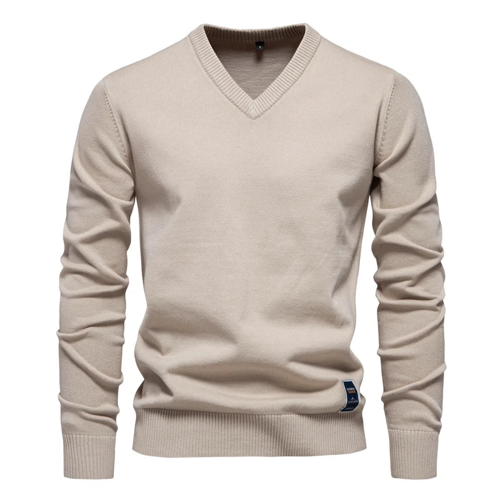 V-Neck Jumper - Men's Classic Casual Long Sleeve Knitted Sweater -Trui man-Chaps of London-Khaki-S-Chaps of London