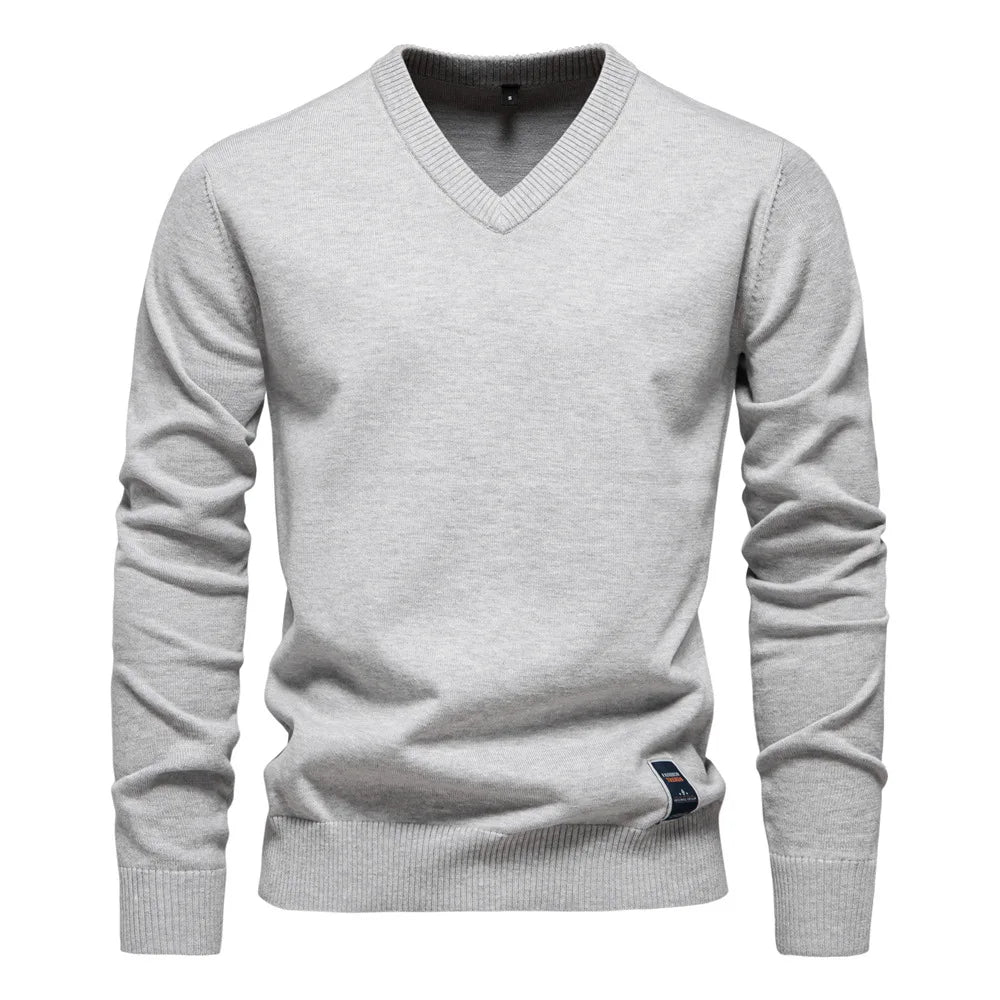 V-Neck Jumper - Men's Classic Casual Long Sleeve Knitted Sweater -Trui man-Chaps of London-Light Gray-S-Chaps of London