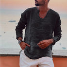 V-Neck Shirt - Men's Lightweight Loose Fit Long Sleeve T-Shirt-Plain V-Neck Casual Shirt for Men-Chaps of London-Black-S-Chaps of London