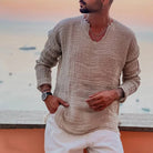 V-Neck Shirt - Men's Lightweight Loose Fit Long Sleeve T-Shirt-Plain V-Neck Casual Shirt for Men-Chaps of London-Brown-S-Chaps of London