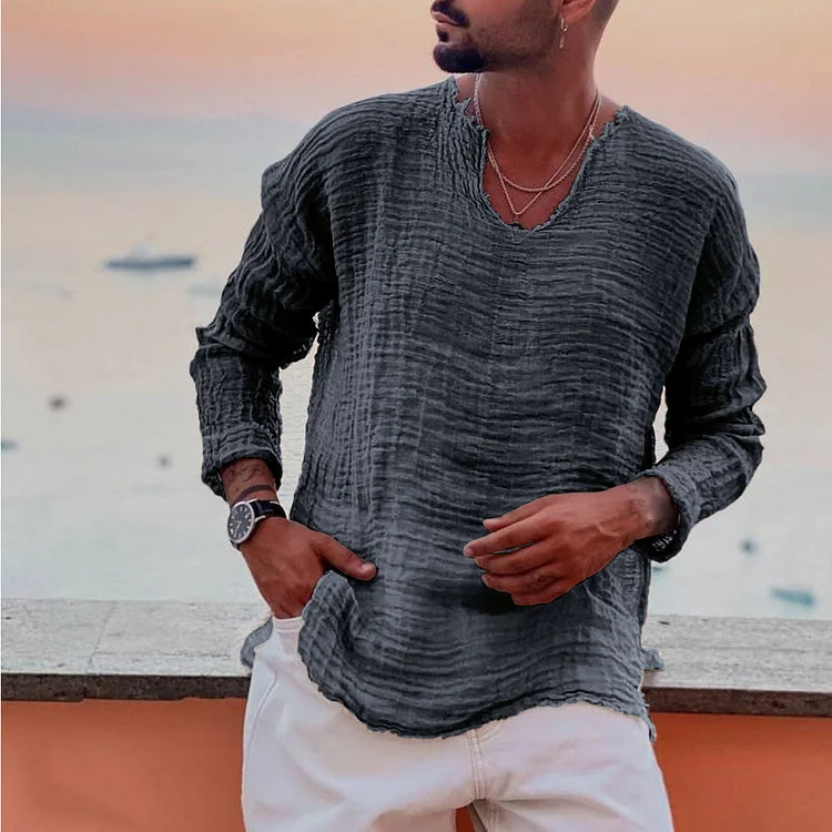 V-Neck Shirt - Men's Lightweight Loose Fit Long Sleeve T-Shirt-Plain V-Neck Casual Shirt for Men-Chaps of London-Dark Gray-S-Chaps of London