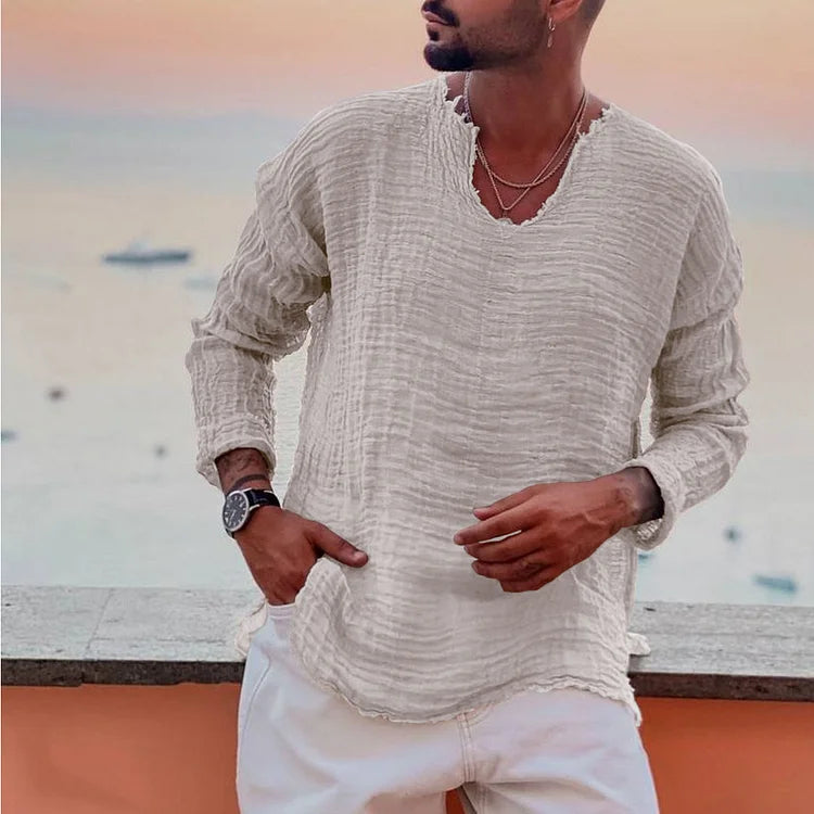 V-Neck Shirt - Men's Lightweight Loose Fit Long Sleeve T-Shirt-Plain V-Neck Casual Shirt for Men-Chaps of London-White-S-Chaps of London