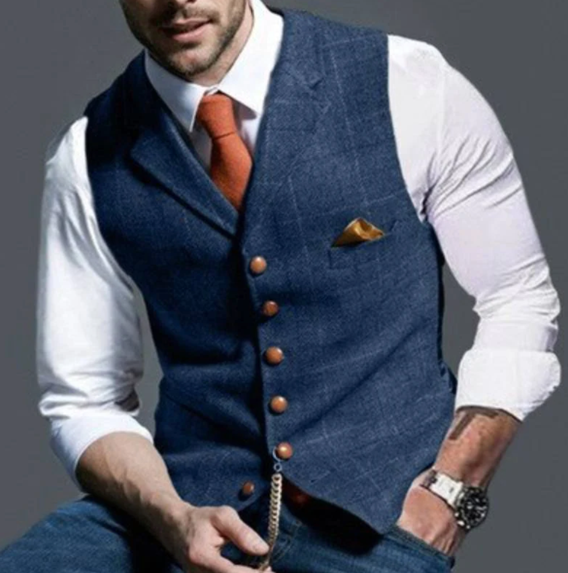 Vest - Single Breasted - Plaid - Waistcoat For Men - Tweed Vest-Chaps of London-Blue-XS-Chaps of London