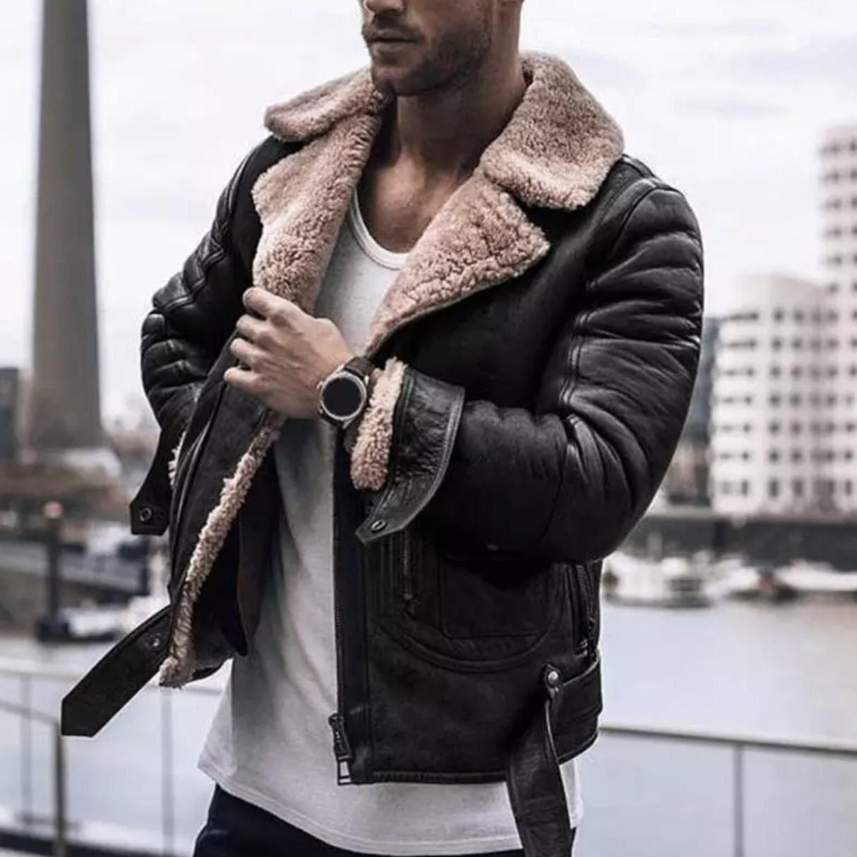 Winter Leather Jacket - Fleece Lined - Sherpa Lined - Biker Jacket - Men's Leather Jacket-Chaps of London-Black-S-Chaps of London