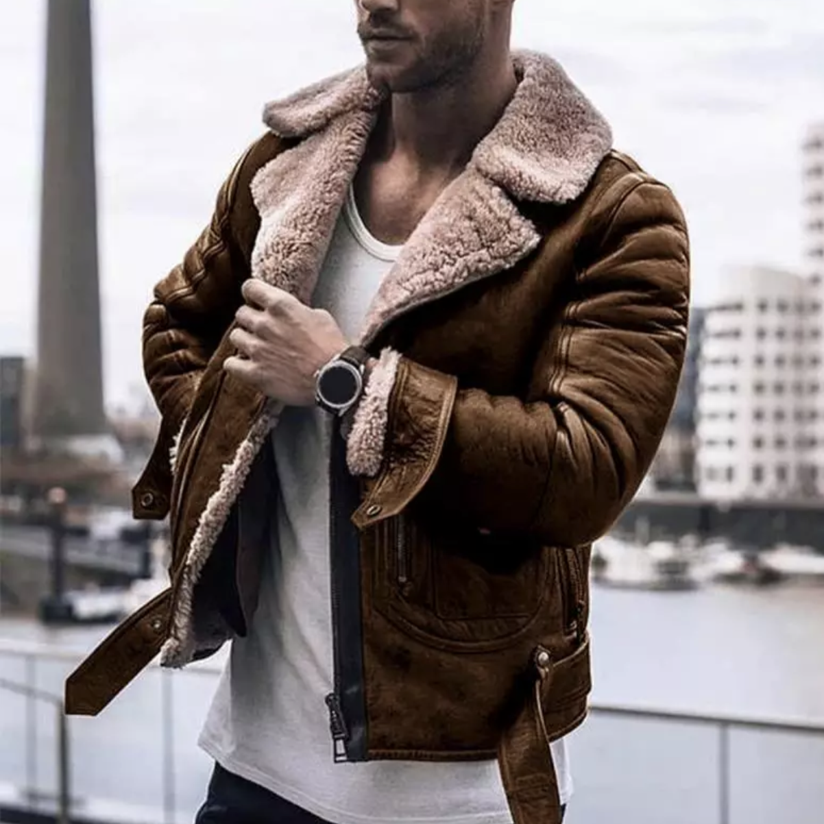 Winter Leather Jacket - Fleece Lined - Sherpa Lined - Biker Jacket - Men's Leather Jacket-Chaps of London-Light Brown-S-Chaps of London