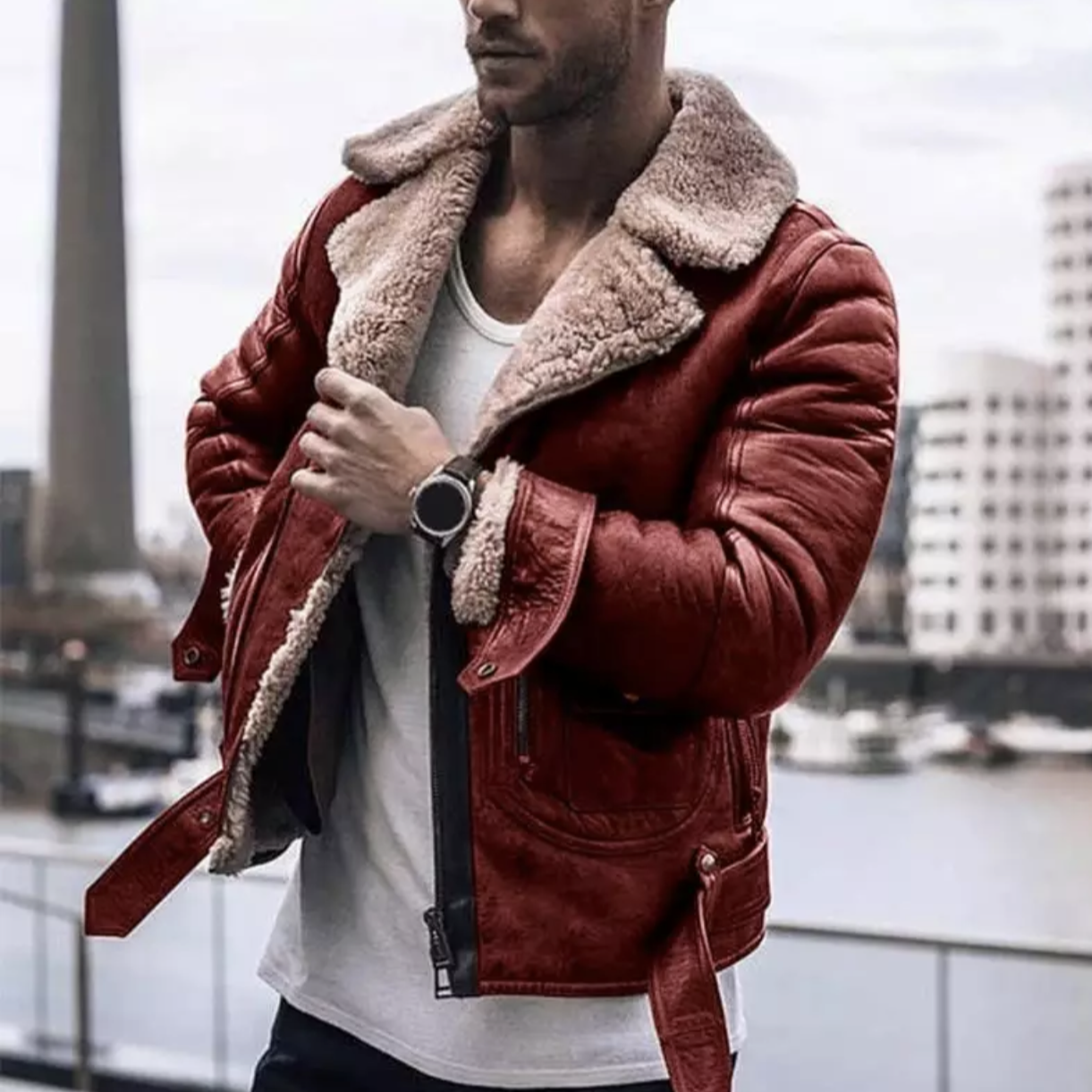 Winter Leather Jacket - Fleece Lined - Sherpa Lined - Biker Jacket - Men's Leather Jacket-Chaps of London-Red-S-Chaps of London