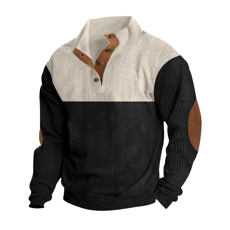 Winter Pullover - Elbow Patches - Button Neck - Sweater - Men's Clothing-Men's Pullover Sweater-Chaps of London-Black-S-Chaps of London