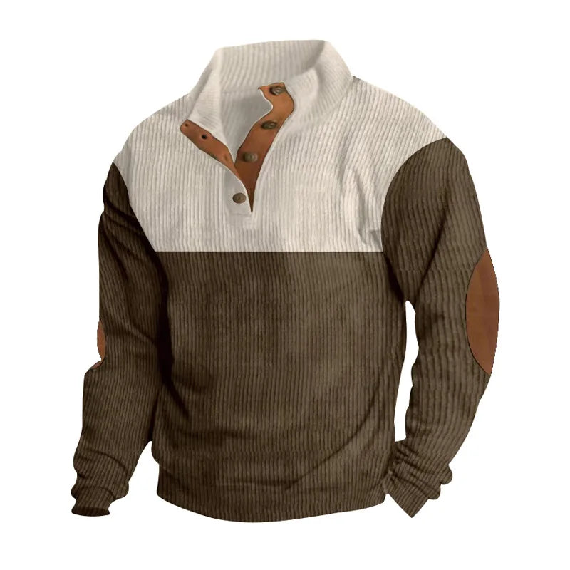 Winter Pullover - Elbow Patches - Button Neck - Sweater - Men's Clothing-Men's Pullover Sweater-Chaps of London-Brown-S-Chaps of London