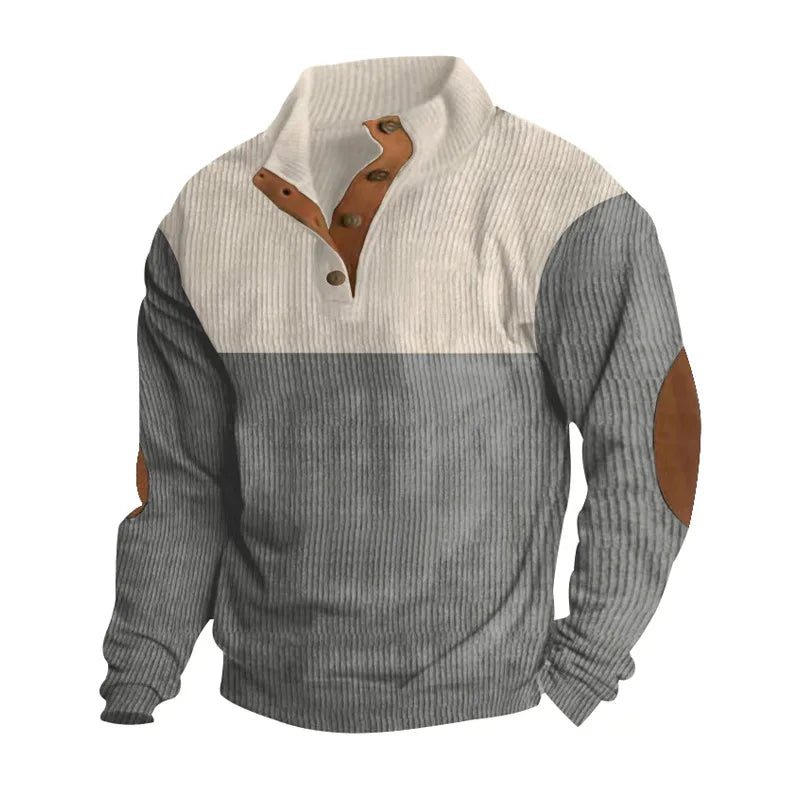 Winter Pullover - Elbow Patches - Button Neck - Sweater - Men's Clothing-Men's Pullover Sweater-Chaps of London-Grey-S-Chaps of London